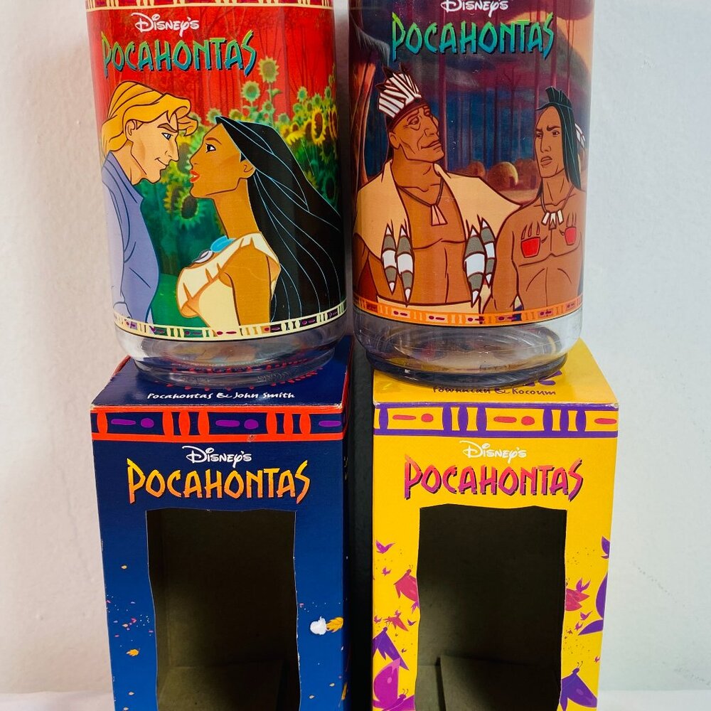 2 VNTG POCAHONTAS BURGER KING 1994 GLASSES:Powhatan Kocoum, Pocahontas JohnSmith